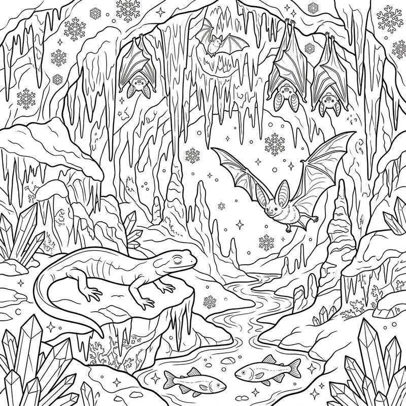 Dive into a hidden world with our enchanting Cave Fauna Winter Wonderland coloring page, featuring fascinating creatures amidst icy cave formations and delicate snowflakes. This intricate line art invites you to bring this unique subterranean winter scene to life with your favorite colors.