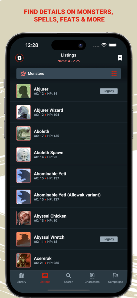 D&D Beyond app screenshot showing a searchable list of monsters with their armor class and hit point stats