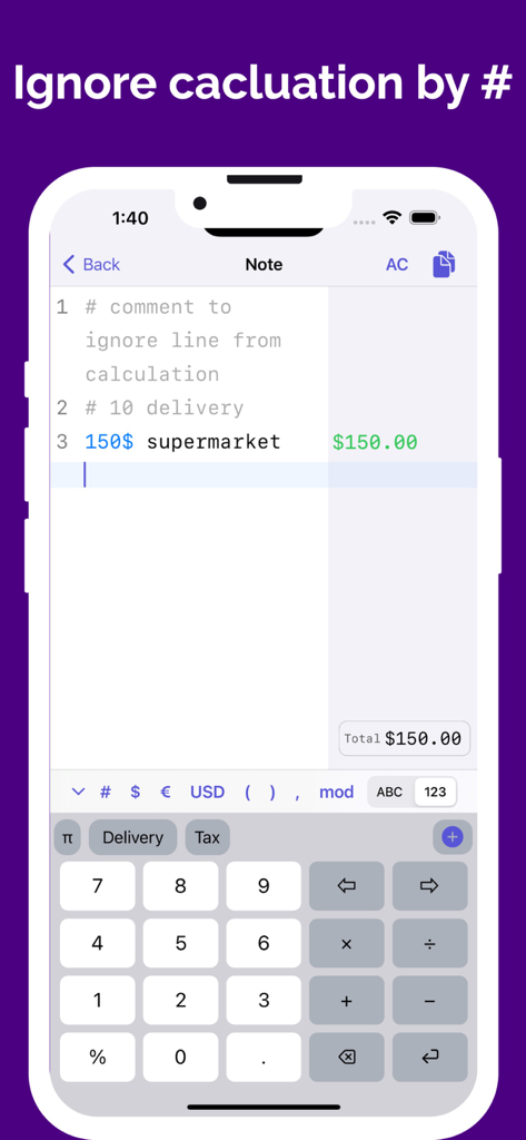 CalcMate - notes calculator - Screenshot of CalcMate showing how to use a hashtag to ignore specific lines from the total calculation
