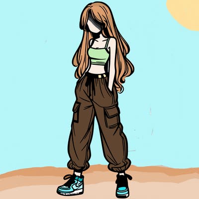 girl in baggy pants crop top and long hair