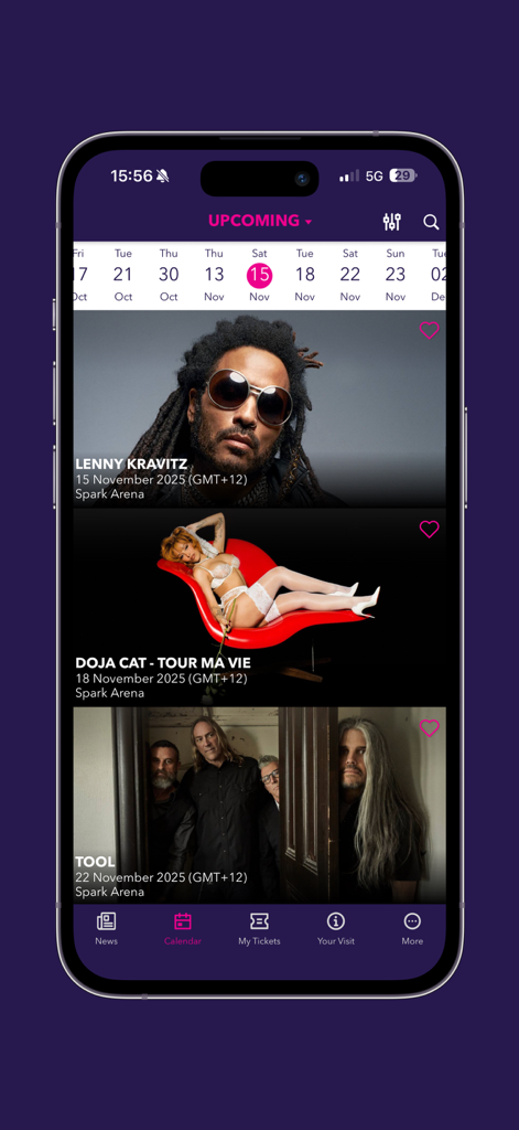 Spark Arena - Interfaz de la app Spark Arena mostrando un calendario de próximos conciertos y eventos.