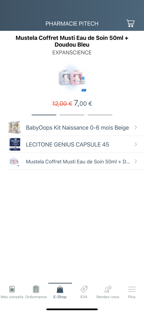 EVA Santé - La pantalla de la tienda electrónica de la aplicación móvil EVA Sante que muestra artículos de farmacia con descuento como kits de cuidado para bebés.