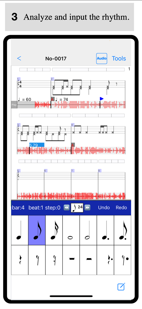 Notate + Play = music notebook - Interface of the Notate and Play app for analyzing and inputting musical rhythm with an audio waveform and staff