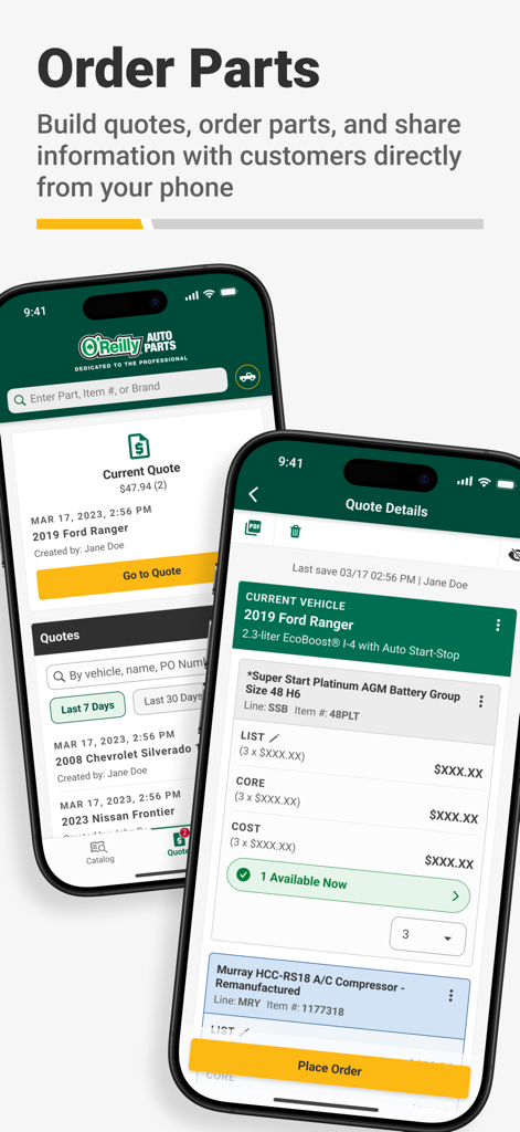 O'Reilly Pro mobile app screens displaying auto parts quotes and the place order feature for professional mechanics