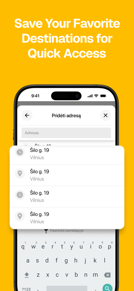 Etransport - Taxi and more - Etransport app interface showing the feature to save favorite destinations for quick taxi booking in Lithuania.