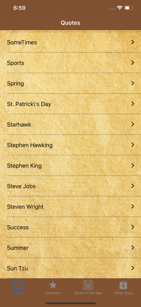 Quotes & Status in English - 羊皮紙風の背景に、スティーブ・ジョブズやサクセスなどの引用カテゴリと著者のリスト