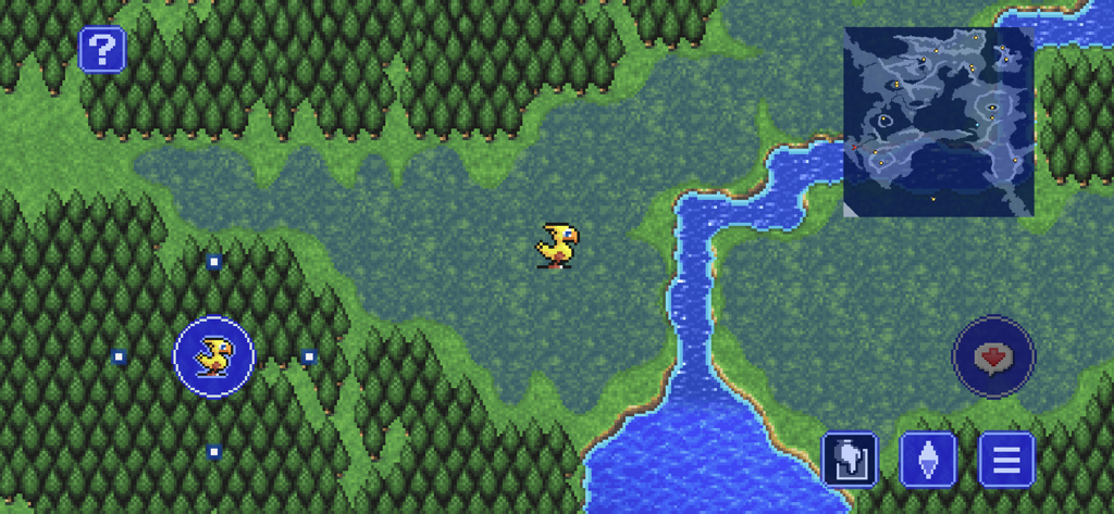 Exploración de Chocobo en el mapa del mundo de arte de píxeles en Final Fantasy II