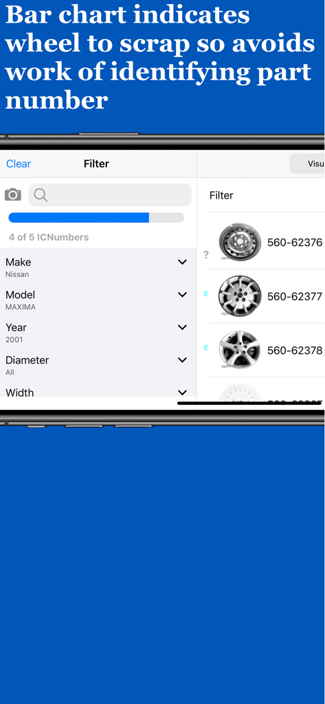 WheelSpotter - Interface de l'application WheelSpotter montrant les filtres de roues et un indicateur de diagramme à barres pour la mise au rebut des roues