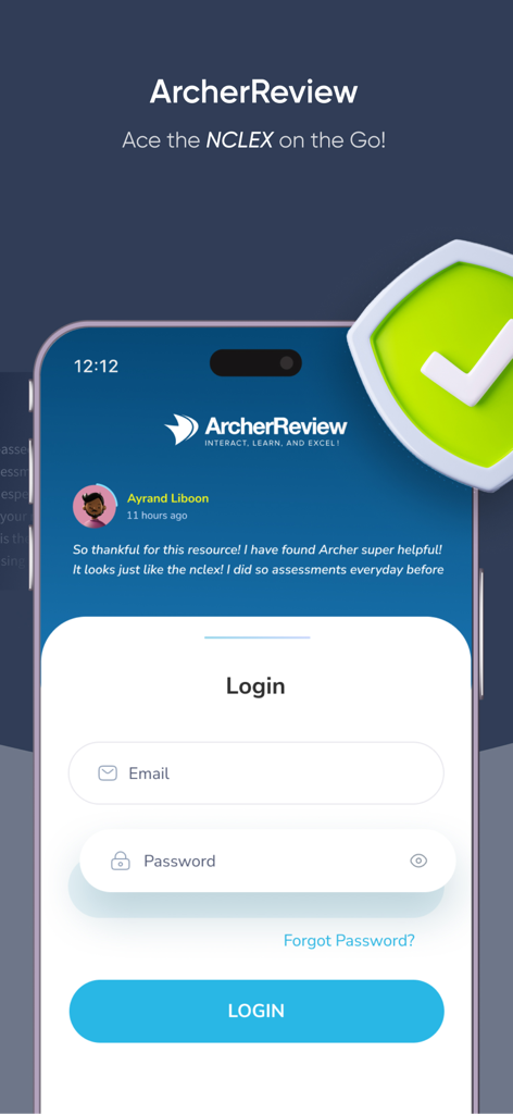 Archer Review NCLEX - Archer Review NCLEX mobile app login screen with user testimonial and success checkmark