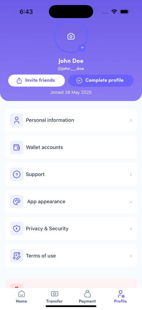 Ikofi - Profilbildschirm der Ikofi-Finanz-App mit Kontoeinstellungen und Benutzeroptionen