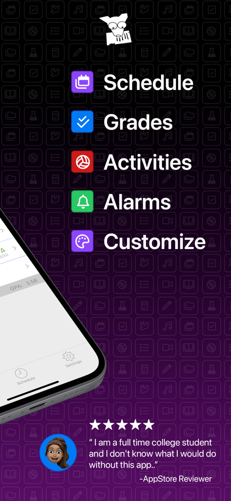 Main menu of the Student Planner Dog Ate It app featuring Schedule, Grades, Activities, Alarms, and Customize options.