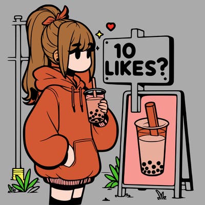 girl with oversized hoodie drinking boba and she has a high ponytail with a sign that says 10likes?