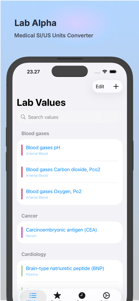 Lab Alpha app screen displaying medical lab value categories and specific tests like blood gases and cardiology for unit conversion.
