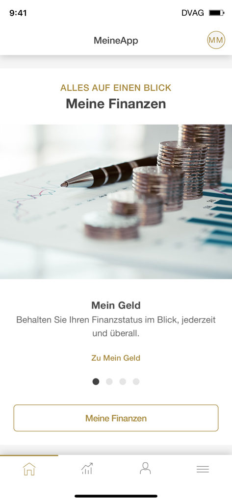 MeineApp DVAG Dashboard mit Finanzübersicht, Münzstapeln und Investment-Diagrammen.