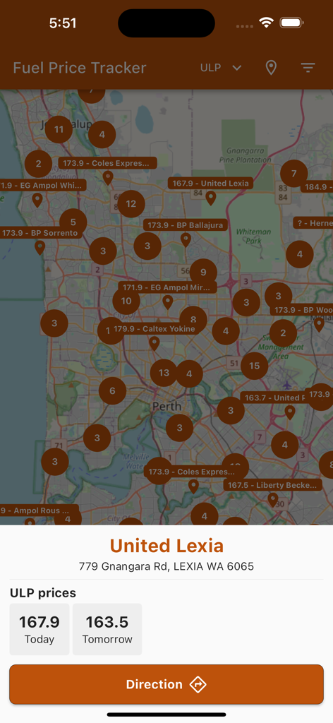 Fuel Price Tracker - Perth, WA - Map view of Perth showing fuel station locations and prices with a detail card for United Lexia