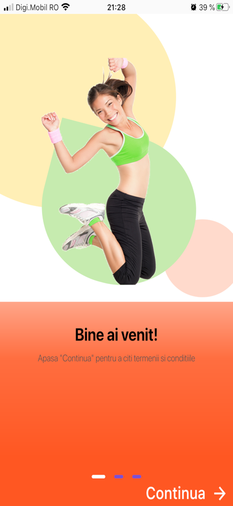 GymAcces Passport - Schermata di benvenuto di GymAcces Passport con una donna che salta in abbigliamento fitness.