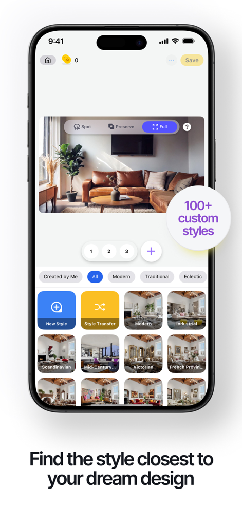 Renovate AI - Home Design - Tela do aplicativo móvel mostrando uma biblioteca de mais de 100 estilos de design de interiores para a reforma de uma sala de estar