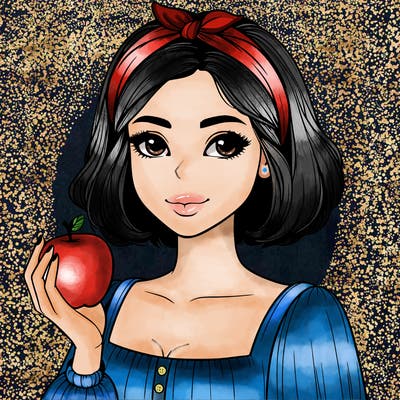a woman with medium short hair, wearing a headband with a small bow, carrying an apple in her hand, realistic