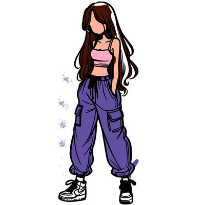 girl in baggy pants crop top and long hair