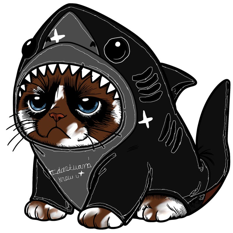 a realistic grumpy cat wearing a cute shark costume