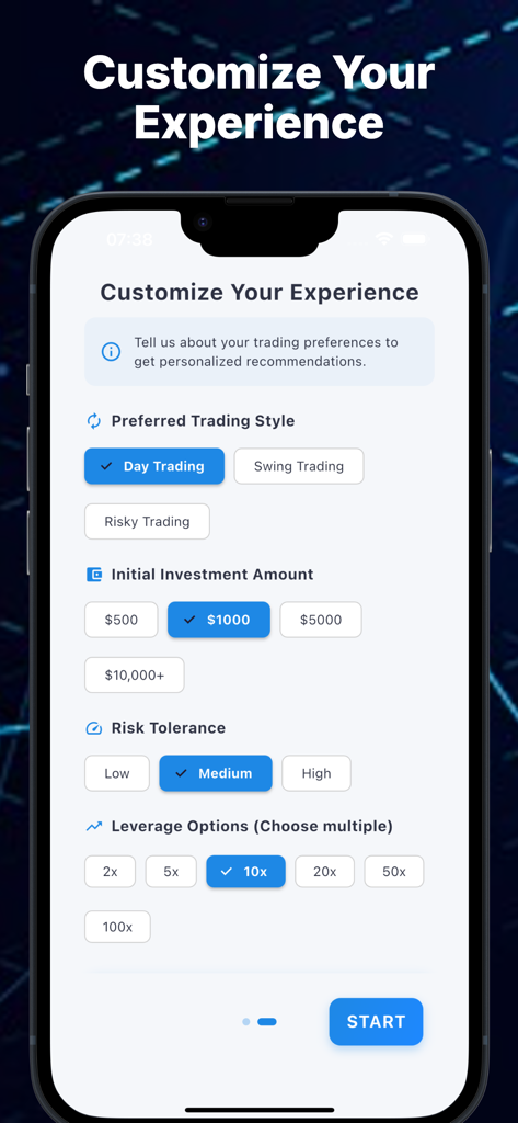 Trendiq Pro mobile app interface for selecting trading style investment amount and risk tolerance level