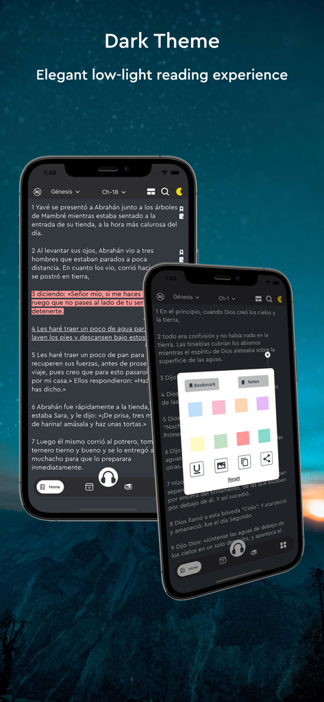 Reina Valera - The Holy Bible - Reina Valera Bible app showing dark theme for elegant low light reading experience