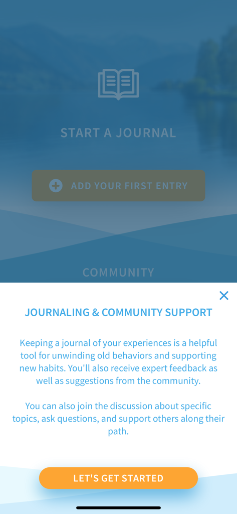 Journaling and community support onboarding screen for the Unwinding Anxiety app