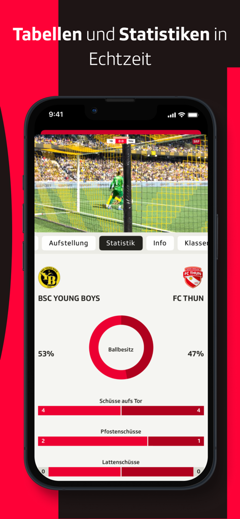 SRF Sport - Live Sport - Smartphone screen showing the SRF Sport app with live soccer statistics and video for Young Boys vs FC Thun