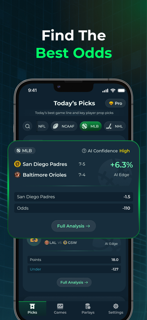 Picks AI - Sports Betting Tool - Picks AI mobile app screen showing sports betting odds and AI analysis for an MLB game