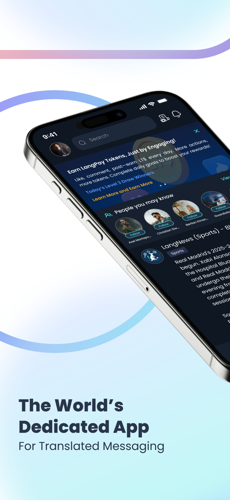 A smartphone showing the Langaroo plus app interface with sections for translated messaging social rewards and sports news
