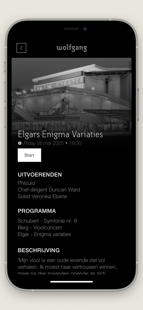 Wolfgang - Wolfgangアプリ画面に、Elgars Enigma Variationsのコンサート情報が表示され、パフォーマーやプログラムリストが暗いモードのインターフェイスで表示されます。