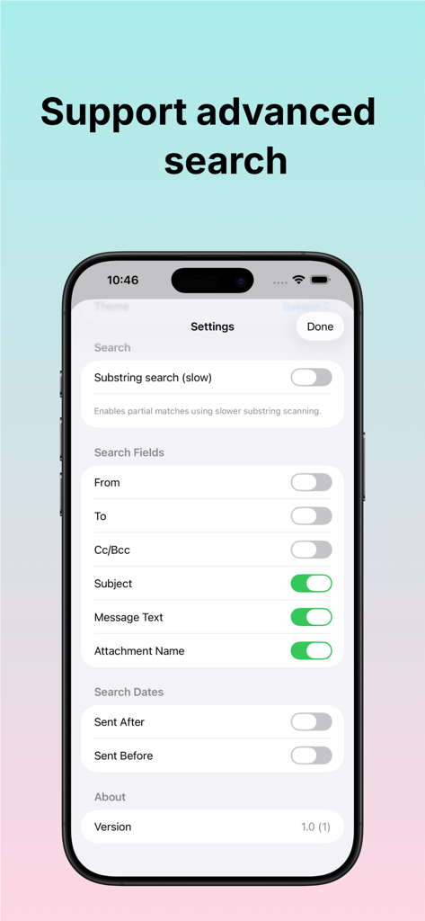 PST Mail Viewer - La pantalla de configuración de la aplicación PST Mail Viewer que muestra filtros de búsqueda avanzados para archivos de correo electrónico en iPhone