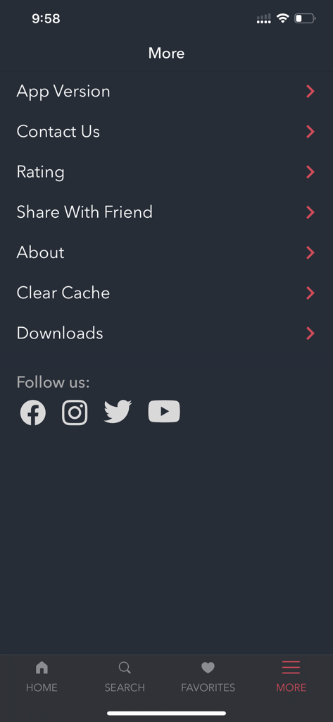 The More menu screen of the MyTV+ app with settings and social media icons.