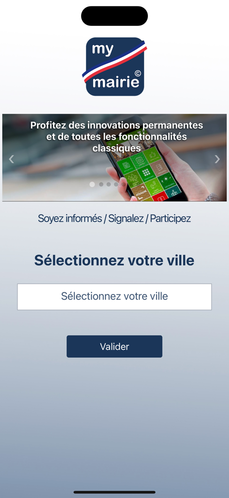 myMairie - The welcome screen of the myMairie mobile app showing a city selection menu and civic participation options.