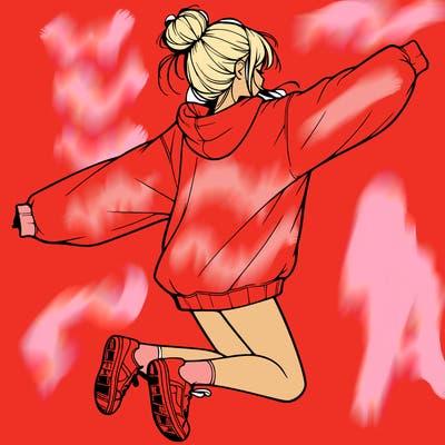 realistic girl jumping with a bun and oversized sweatshirt