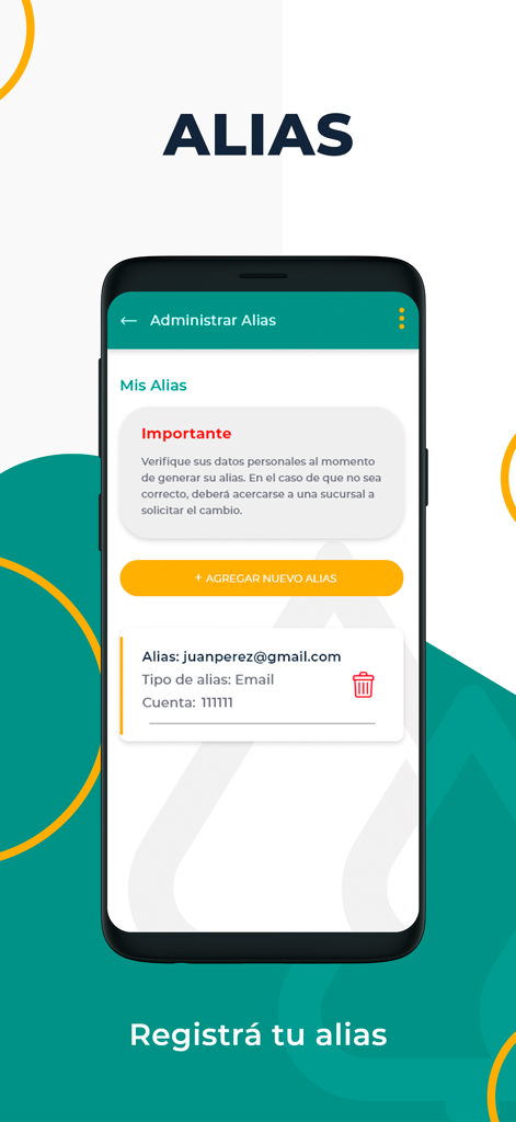 universitaria - Interfaz de la aplicación móvil Universitaria que muestra la pantalla de gestión de alias para transacciones financieras