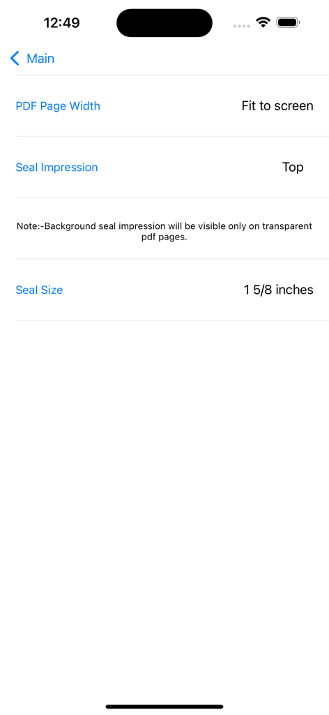 Interface mostrando configurações para largura da página PDF, localização da impressão do carimbo e configuração do tamanho do carimbo