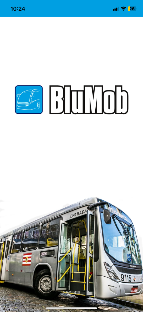 BluMob - Launch screen of the BluMob transit app featuring the brand logo and a modern silver bus