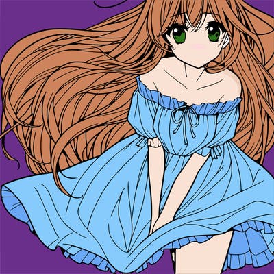 manga girl with long flowing hair and a dress that is pushed down