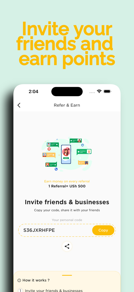 Sibo App - Sibo의 추천 및 수익 창출 기능과 고유 초대 코드를 보여주는 Sibo 추천 및 수익 창출 모바일 앱 화면.