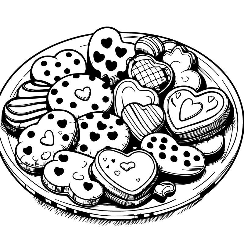 simple drawing. realistic plate of valentines day cookies
