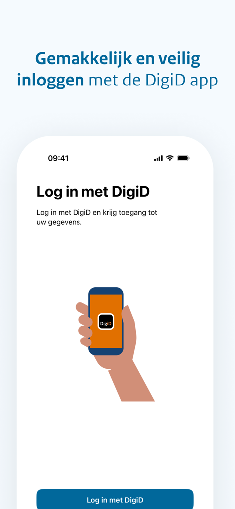 オランダの所得税申告アプリのログイン画面。DigiD認証が特徴です。