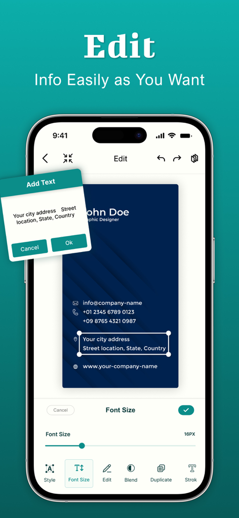 Business Card Maker : Creator - A smartphone showing the text editing and font size customization interface of the Business Card Maker app