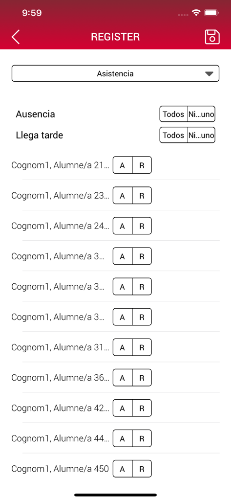 La pantalla de registro de asistencia estudiantil en la aplicación móvil Clickedu.
