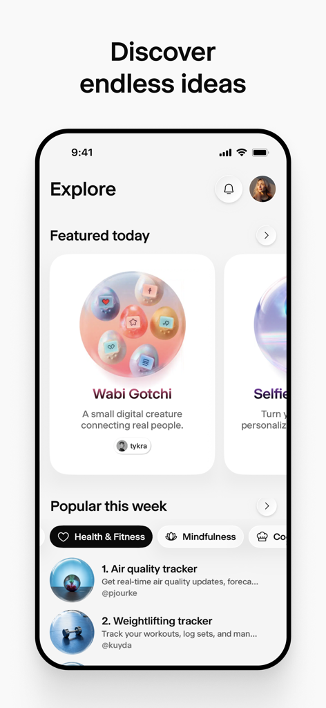 Wabi - Pantalla Explorar de la app Wabi con varias miniapps creadas por usuarios.