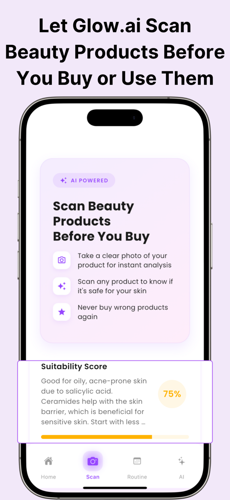Glow AI - Skin Care AI Coach - Glow AI app interface showing the product scanner feature with a skin suitability score and ingredient analysis for acne-prone skin.