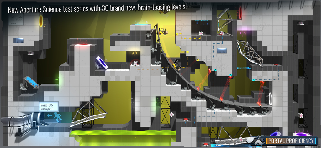 Bridge Constructor Portal - Gameplay of Bridge Constructor Portal Proficiency DLC showing a complex bridge and portals in a test chamber