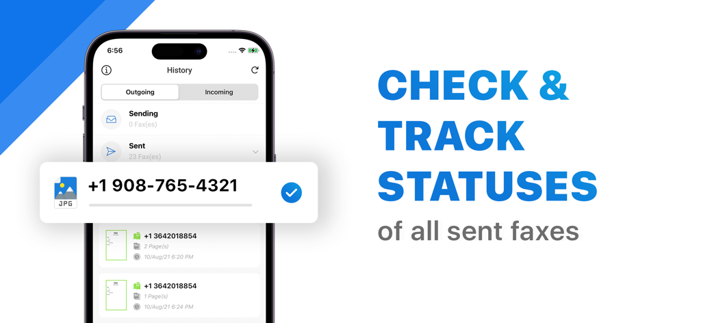 Mobile app interface showing the history and delivery status of sent faxes