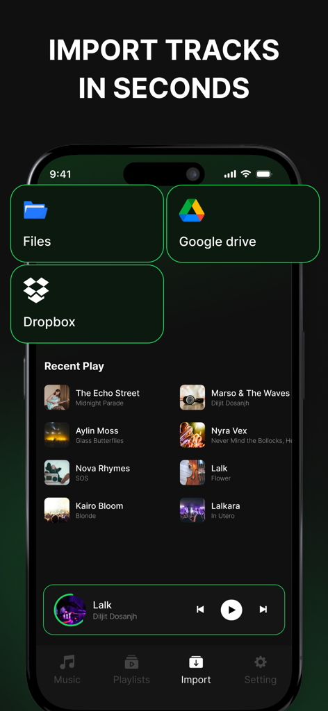 Offline Music Player‧ - Interfaz de la aplicación móvil mostrando cómo importar pistas de música desde Files, Google Drive y Dropbox para reproducir sin conexión.