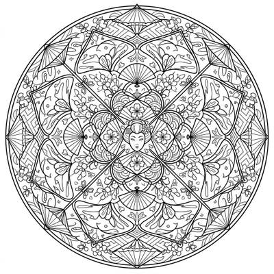 Discover the serene beauty of a Geisha in this exquisitely detailed mandala coloring page, echoing the elegance of Kyoto's Gion district. Its symmetrical design combines traditional Japanese motifs with a captivating artistic challenge.